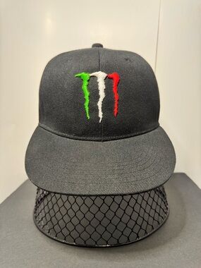 Black Snapback Hat with Green White Red Monster-Style Embroidery